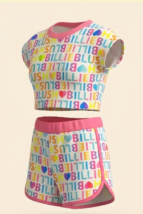 Kız Çocuk Mayo Takımı-Kısa Kollu Yazı Baskılı ve Şortlu 5-14 Yaş 12625B