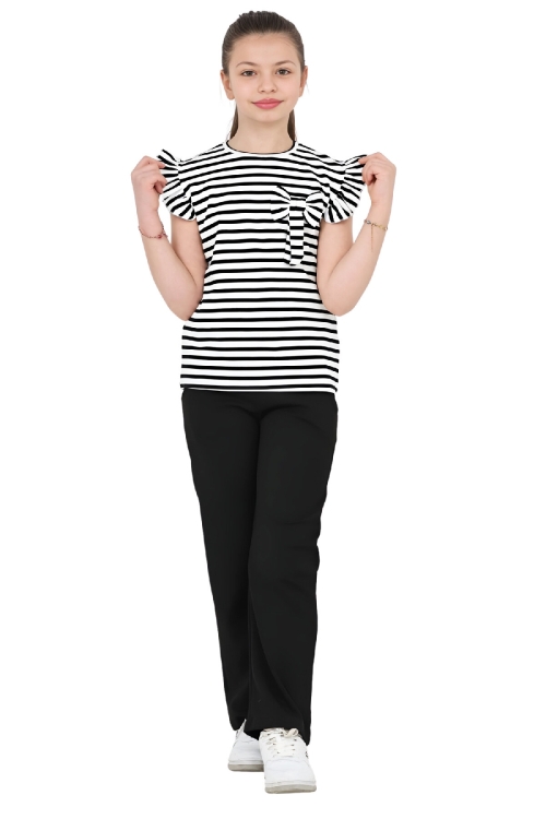 Kız Çocuk Omuz Fırfırlı ve Fiyonk Detaylı Alt-Üst Takım 4-8 Yaş 12576