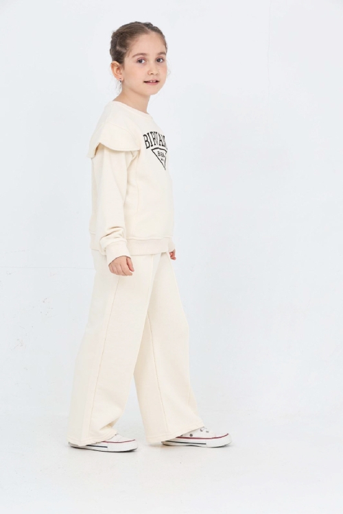 Kız Çocuk Omuz Vatka Detaylı 3 İplik Eşofman Takımı 4-8 Yaş 12560