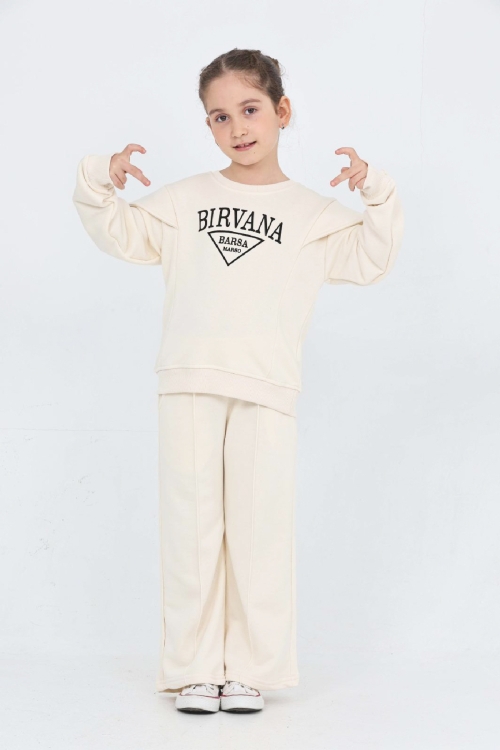 Kız Çocuk Omuz Vatka Detaylı 3 İplik Eşofman Takımı 4-8 Yaş 12560