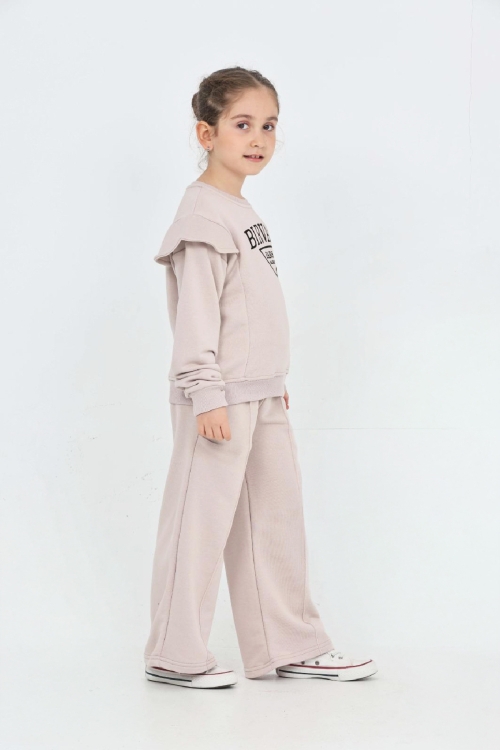 Kız Çocuk Omuz Vatka Detaylı 3 İplik Eşofman Takımı 4-8 Yaş 12560