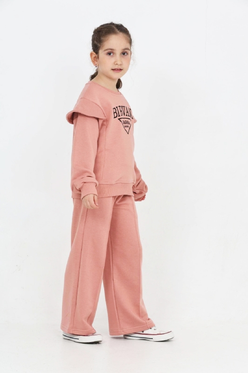 Kız Çocuk Omuz Vatka Detaylı 3 İplik Eşofman Takımı 4-8 Yaş 12560