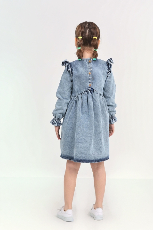 Kız Çocuk Papatya Nakışlı Omuz Fırfırlı Jean Elbise 12466