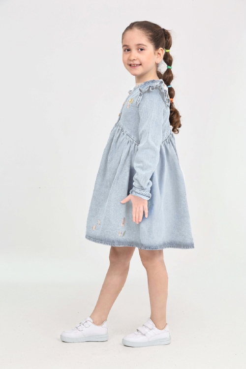 Kız Çocuk Papatya Nakışlı Omuz Fırfırlı Jean Elbise 12466