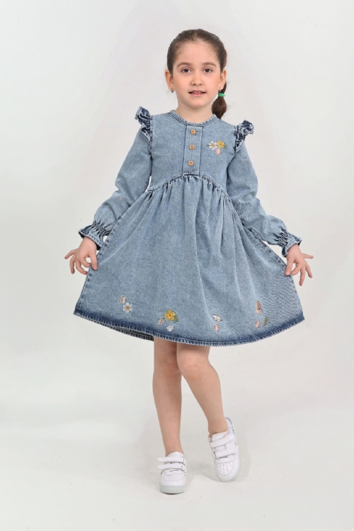 Kız Çocuk Papatya Nakışlı Omuz Fırfırlı Jean Elbise 12466