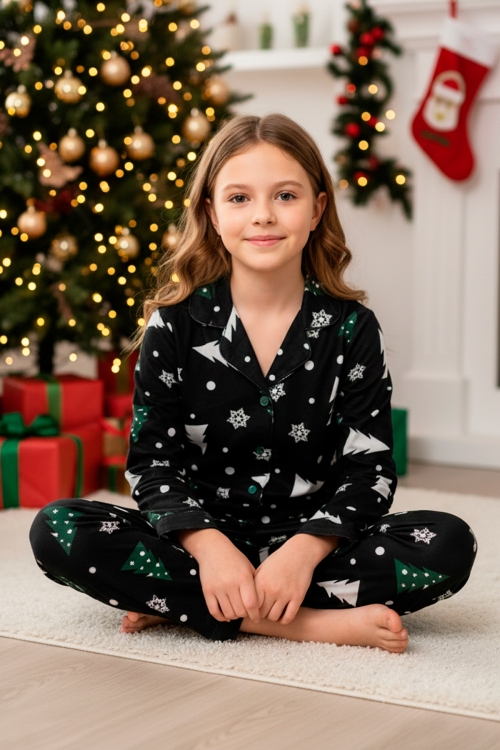 Kız Çocuk Pijama Takımı-%100 Pamuk Süet -12449