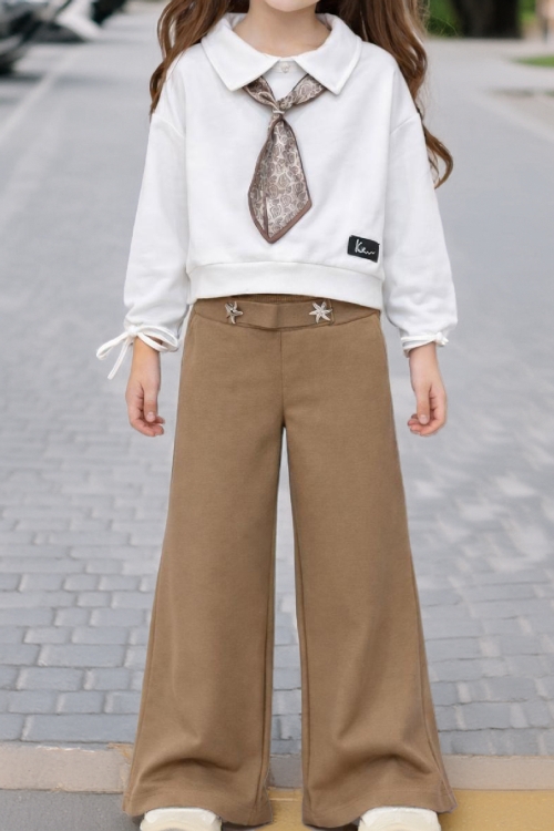 Kız Çocuk Saten Fular Detaylı Alt-Üst Takım 4-14 Yaş 12518HC