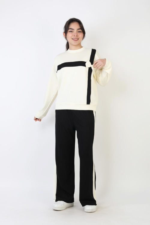 Kız Çocuk Takım - Double Face Kumaş-Fiyonk Detaylı ve Geniş Paçalı 12508