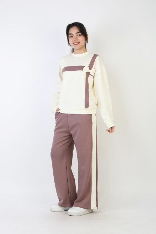 Kız Çocuk Takım - Double Face Kumaş-Fiyonk Detaylı ve Geniş Paçalı 12508