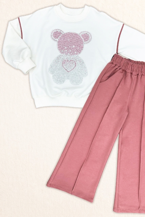 Kız Çocuk Taş İşlemeli Ayıcık ve Kalp Baskılı 2 İplik Alt-Üst Takım 3-12 Yaş 12477