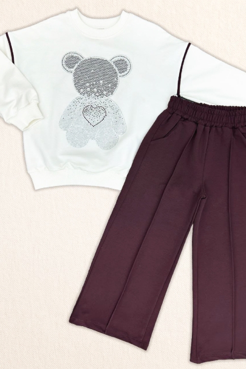 Kız Çocuk Taş İşlemeli Ayıcık ve Kalp Baskılı 2 İplik Alt-Üst Takım 3-12 Yaş 12477