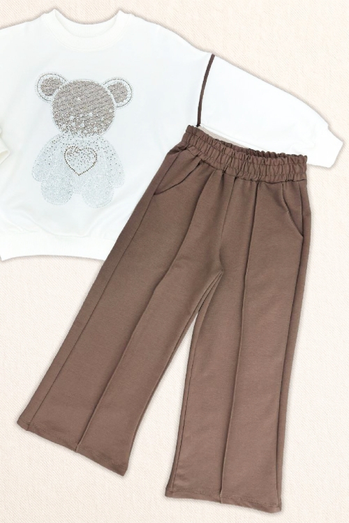 Kız Çocuk Taş İşlemeli Ayıcık ve Kalp Baskılı 2 İplik Alt-Üst Takım 3-12 Yaş 12477