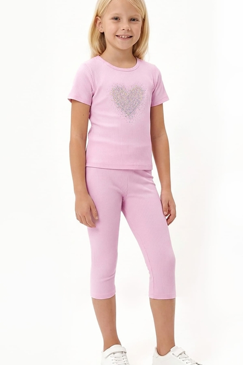 Kız Çocuk Taş İşlemeli Kalp Desenli Alt-Üst Takım 4-12 Yaş 12562