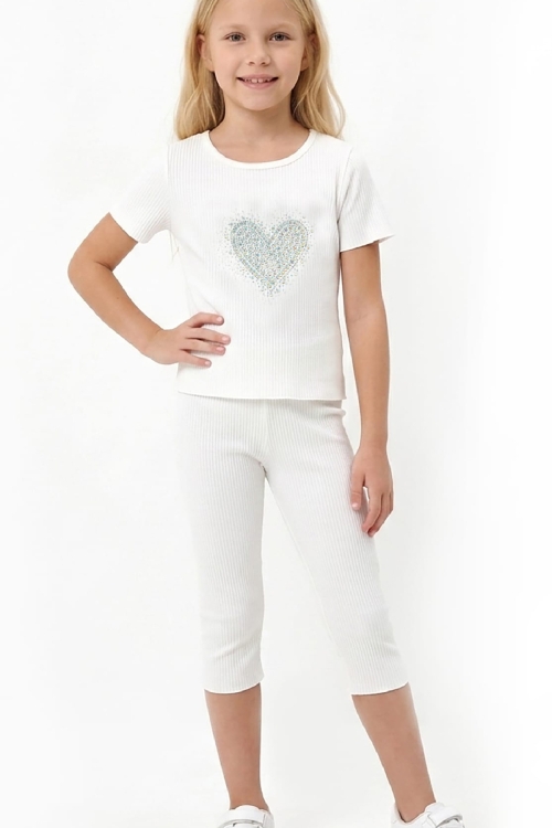 Kız Çocuk Taş İşlemeli Kalp Desenli Alt-Üst Takım 4-12 Yaş 12562