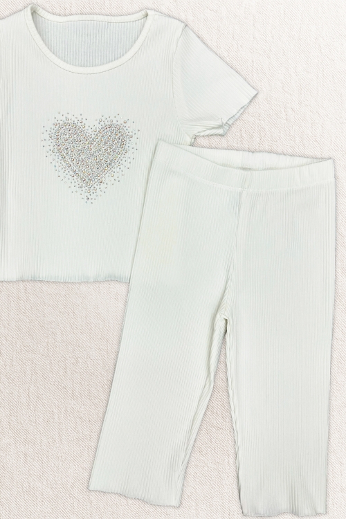 Kız Çocuk Taş İşlemeli Kalp Desenli Alt-Üst Takım 4-12 Yaş 12562