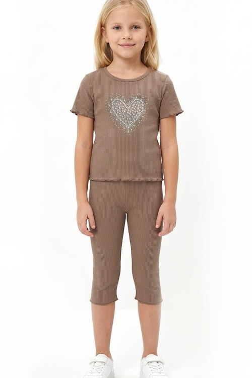 Kız Çocuk Taş İşlemeli Kalp Desenli Alt-Üst Takım 4-12 Yaş 12562