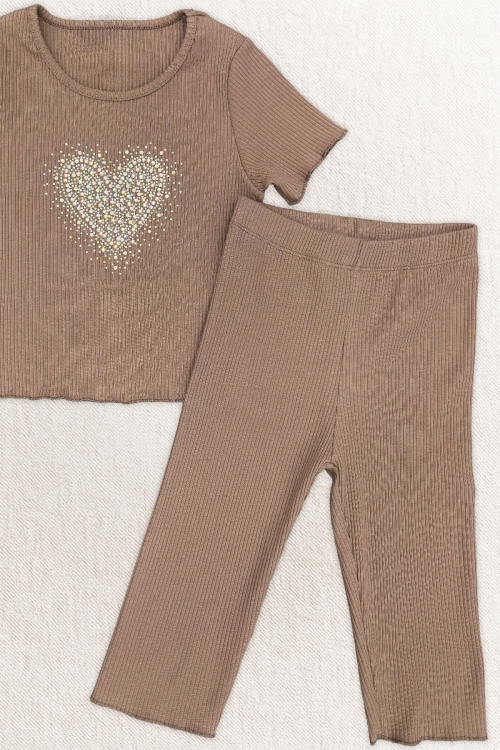 Kız Çocuk Taş İşlemeli Kalp Desenli Alt-Üst Takım 4-12 Yaş 12562