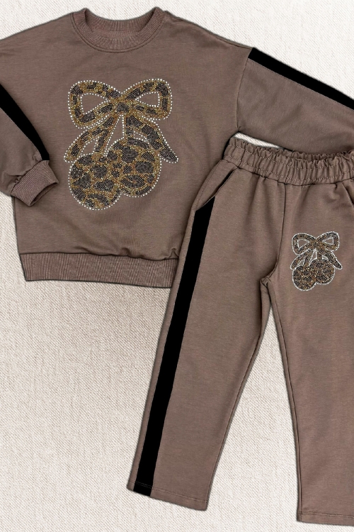 Kız Çocuk Taş İşlemeli Kiraz Ve Fiyonk Desenli-2 İplik-Alt-Üst Takım-5-12 Yaş 12445