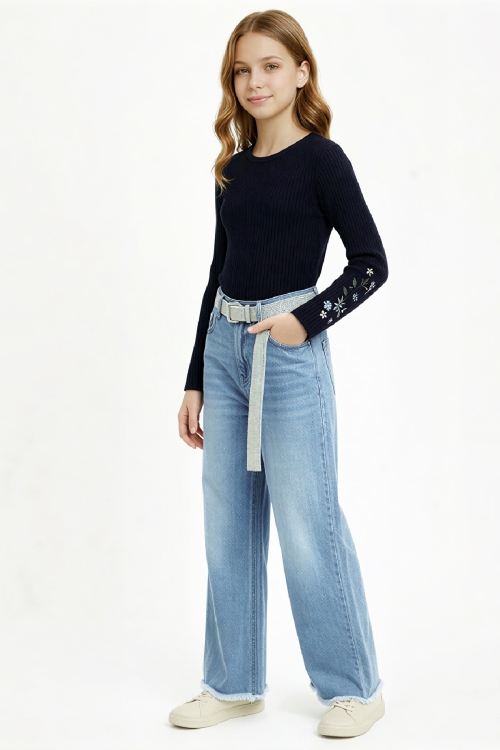 Kız Çocuk Taş Süsleme Kemerli- Destroy Paçalı-Jean Pantolon 10-14 Yaş 12544