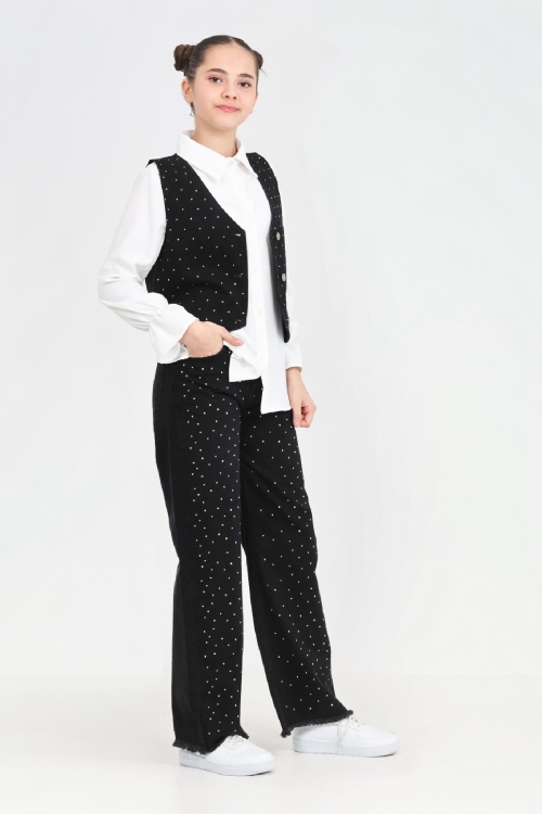 Kız Çocuk Taş Süslemeli 3lü Jean Takım 5-15 Yaş 12495