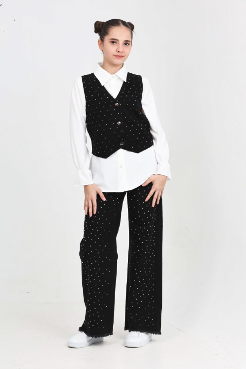 Kız Çocuk Taş Süslemeli 3lü Jean Takım 5-15 Yaş 12495