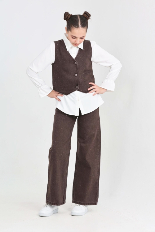 Kız Çocuk Taş Süslemeli 3lü Jean Takım 5-15 Yaş 12495