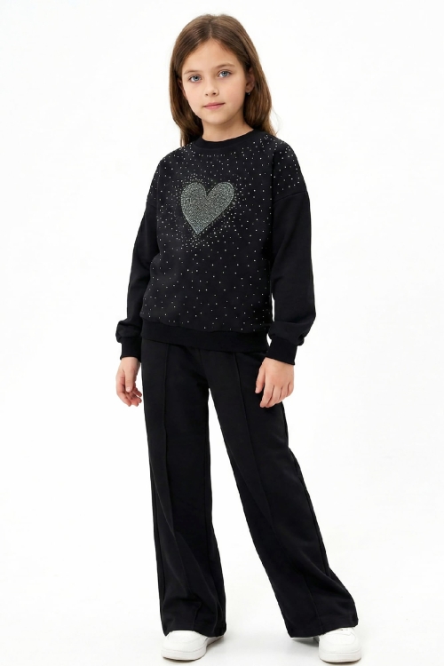 Kız Çocuk Taş Süslemeli Kalp Desenli 2 İplik Alt-Üst Takım 4-12 Yaş 12513