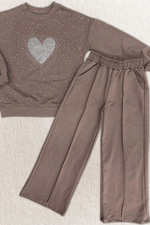 Kız Çocuk Taş Süslemeli Kalp Desenli 2 İplik Alt-Üst Takım 4-12 Yaş 12513