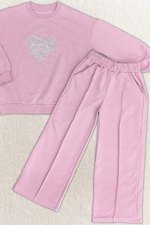 Kız Çocuk Taş Süslemeli Kalp Desenli 2 İplik Alt-Üst Takım 4-12 Yaş 12513