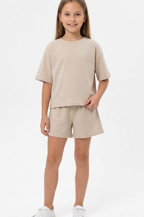 Kız Çocuk Taş Süslemeli Şortlu Alt-Üst Takım 4-12 Yaş 12561