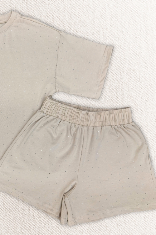 Kız Çocuk Taş Süslemeli Şortlu Alt-Üst Takım 4-12 Yaş 12561