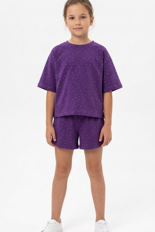 Kız Çocuk Taş Süslemeli Şortlu Alt-Üst Takım 4-12 Yaş 12561