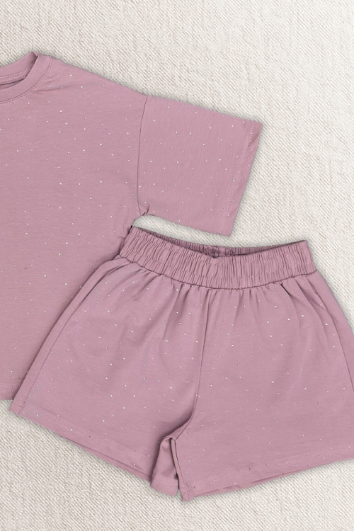 Kız Çocuk Taş Süslemeli Şortlu Alt-Üst Takım 4-12 Yaş 12561