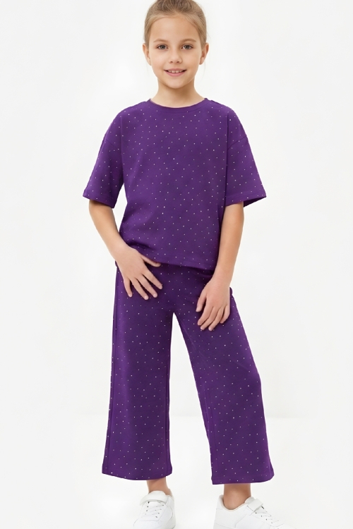 Kız Çocuk Taş Süslemeli Uzun Kaprili Alt-Üst Takım 4-12 Yaş 12566