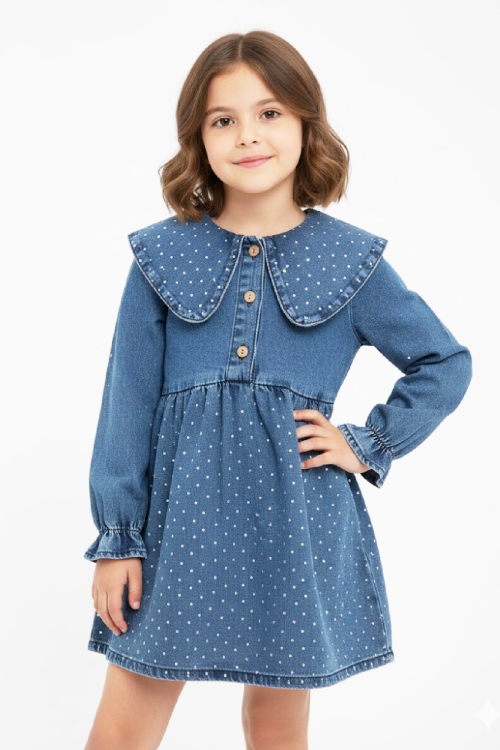 Kız Çocuk Taş Süslemeli ve 3 Düğme Kapatmalı Jean Elbise 12444