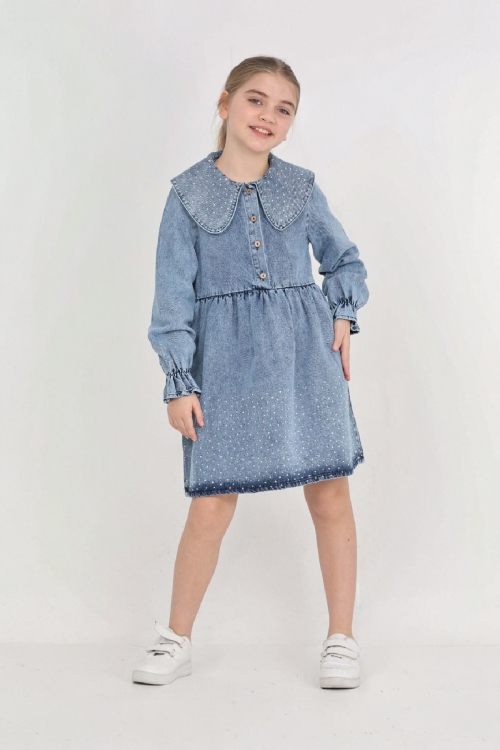 Kız Çocuk Taş Süslemeli ve Geniş Yakalı Jean Elbise 12453