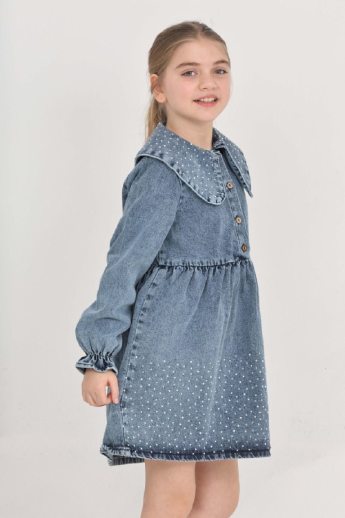 Kız Çocuk Taş Süslemeli ve Geniş Yakalı Jean Elbise 12453