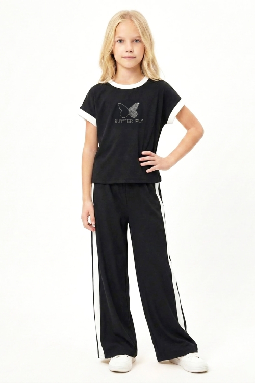 Kız Çocuk Taşlı Kelebek Baskılı-Biye Detaylı Alt-Üst Takım 4-12 Yaş 12547