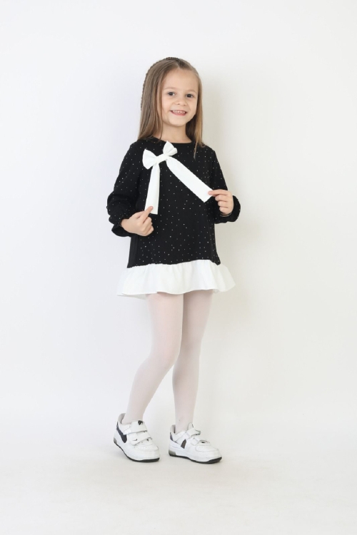 Kız Çocuk Tunik Tarz Elbise Taş Süslemeli ve Fiyonklu  4-9 Yaş 12510