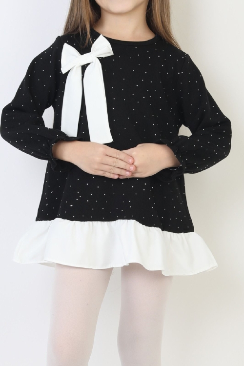 Kız Çocuk Tunik Tarz Elbise Taş Süslemeli ve Fiyonklu  4-9 Yaş 12510