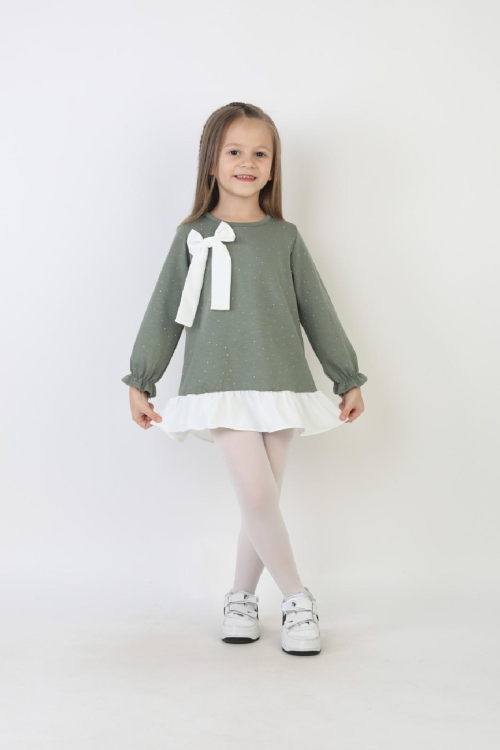 Kız Çocuk Tunik Tarz Elbise Taş Süslemeli ve Fiyonklu  4-9 Yaş 12510