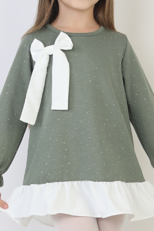 Kız Çocuk Tunik Tarz Elbise Taş Süslemeli ve Fiyonklu  4-9 Yaş 12510