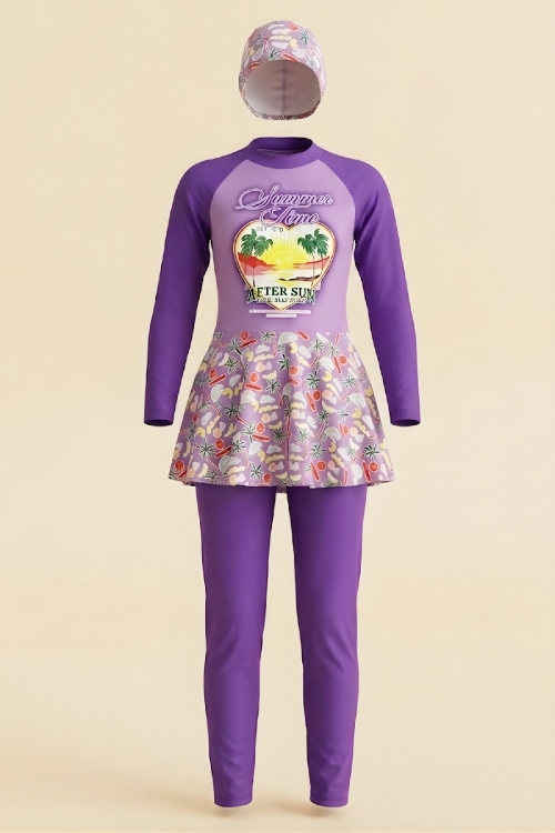 Kız Çocuk Uzun Kollu ve Etek Alltlı Mayo Takımı 4-13 Yaş 12590N