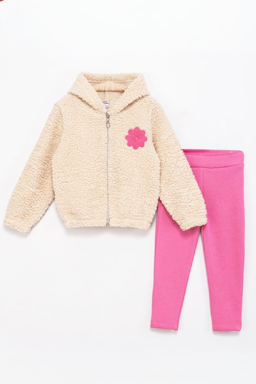 Kız Çocuk Welsoft Kumaş 2li Takım (Kapüşonlu ve Fermuarlı Hırka+3 İplik Tayt) 12373