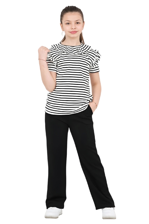 Kız Çocuk Yaka ve Omuz Fırfır Detaylı Alt-Üst Takım 4-8 Yaş 12577