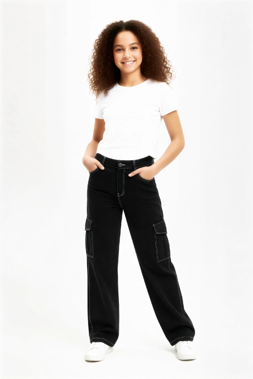 Kız Çocuk Yüksek Bel-Kargo Cepli-Geniş Paçalı Jean Pantolon 12-16 Yaş 12522