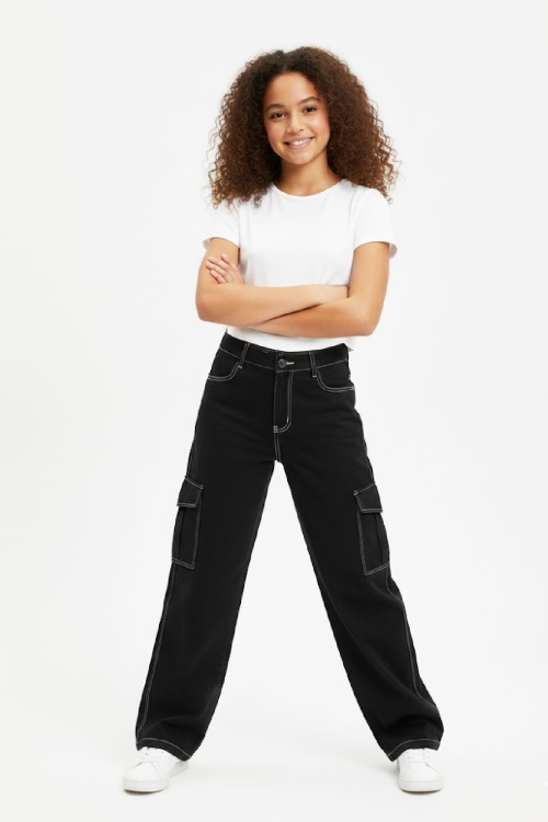 Kız Çocuk Yüksek Bel-Kargo Cepli-Geniş Paçalı Jean Pantolon 12-16 Yaş 12522