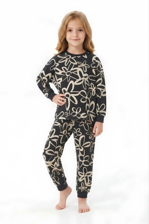 %100 Pamuk ve Baskılı Kız Çocuk Pijama Takımı 3-8 Yaş 12740IS