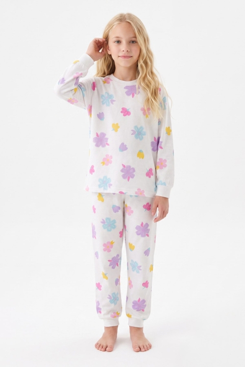 %100 Pamuk ve Baskılı Kız Çocuk Pijama Takımı 8-13 Yaş 12739IS