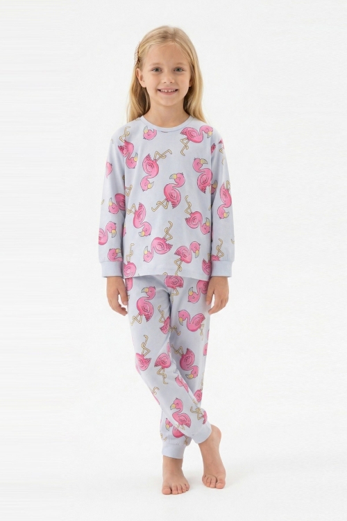 Kız Çocuk %100 Pamuk ve Filamingo Desenli Pijama Takımı 3-8 Yaş 12744IS